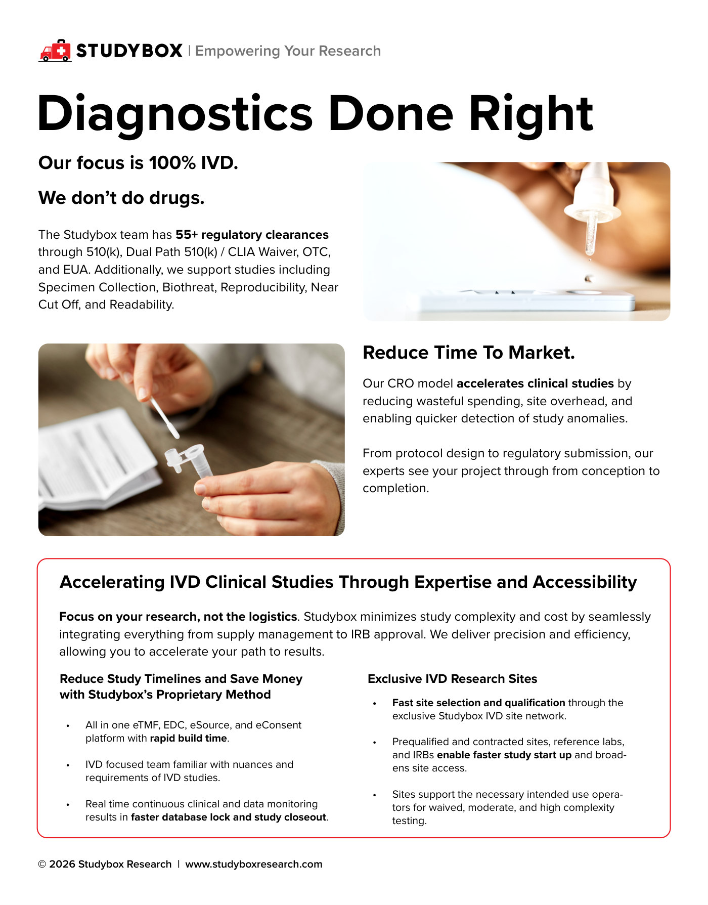 Studybox brochure page 1: Diagnostics Done Right — 100% IVD focus, 55+ regulatory clearances, and how the Studybox CRO model reduces time to market.