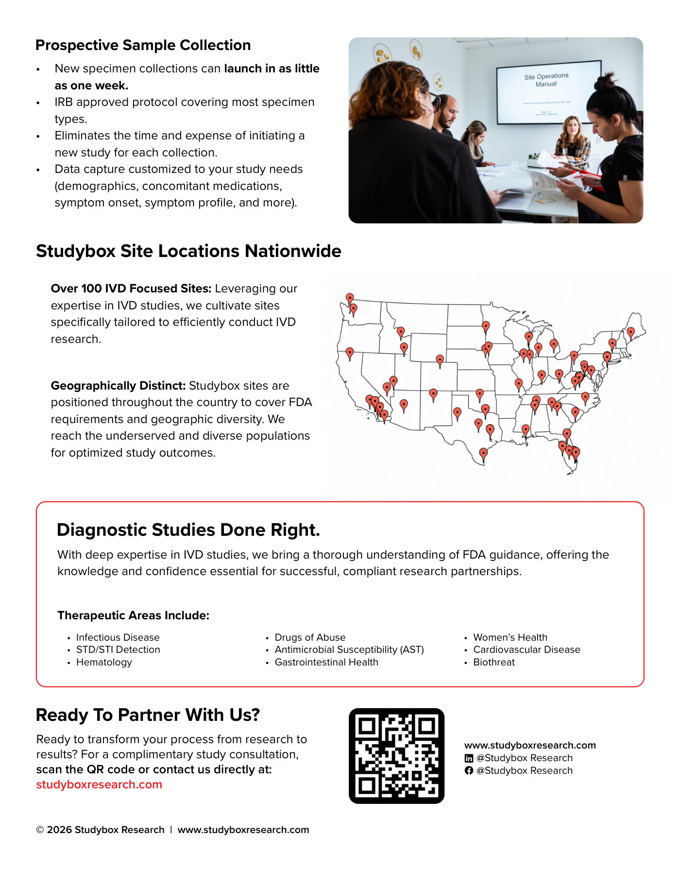 Studybox brochure page 2: prospective sample collection, 100+ IVD site locations nationwide, and the therapeutic areas Studybox covers.
